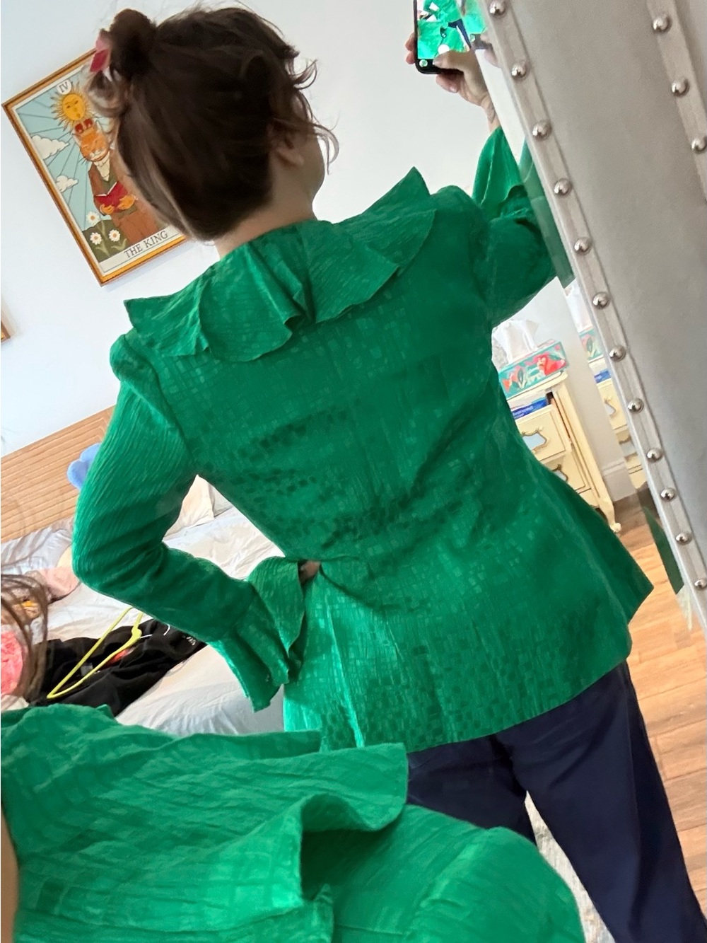 Vintage 80s Green Rimini Silk Blazer Ruffles & Rhinestone Closure - Picture 10 of 10